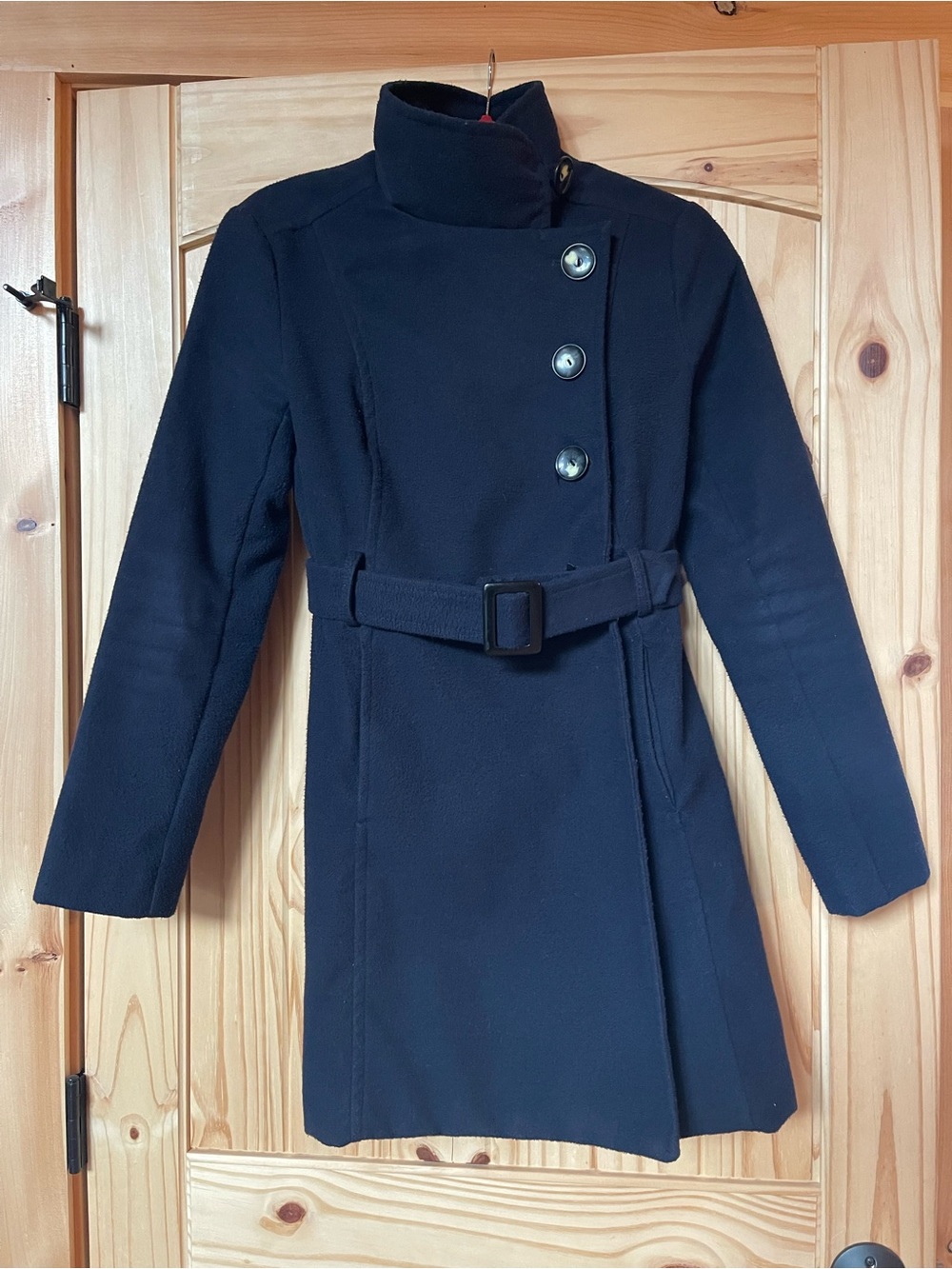 A. Byer Navy Asymmetrical Button Belted Trench Coat